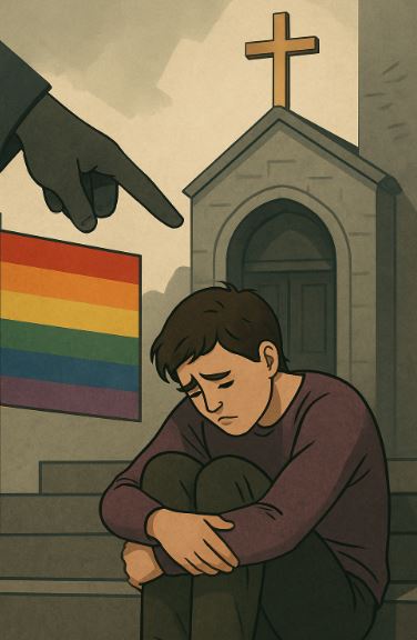 Personne queer assise tristement devant une église avec un drapeau LGBT en arrière-plan et un doigt accusateur